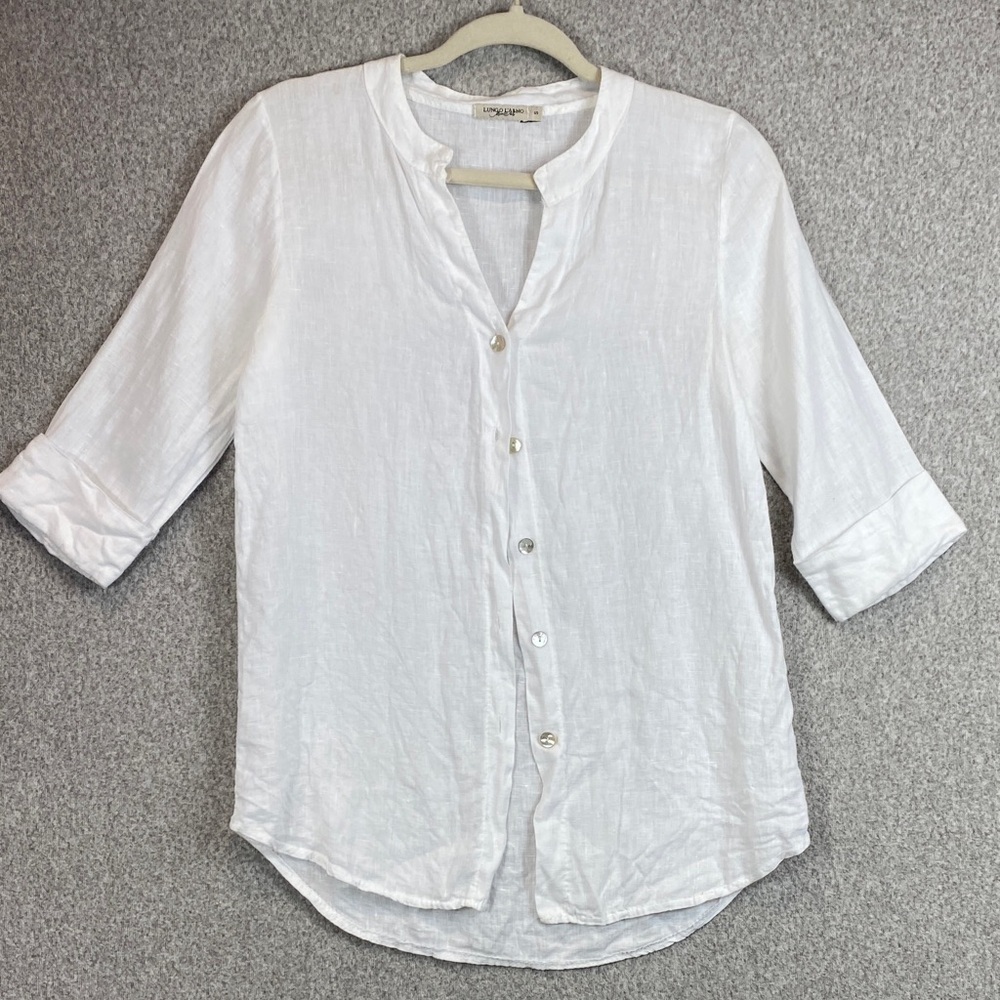 Lungo L’Arno Linen button up crisp white 3/4 sleeve made in Italy beachy